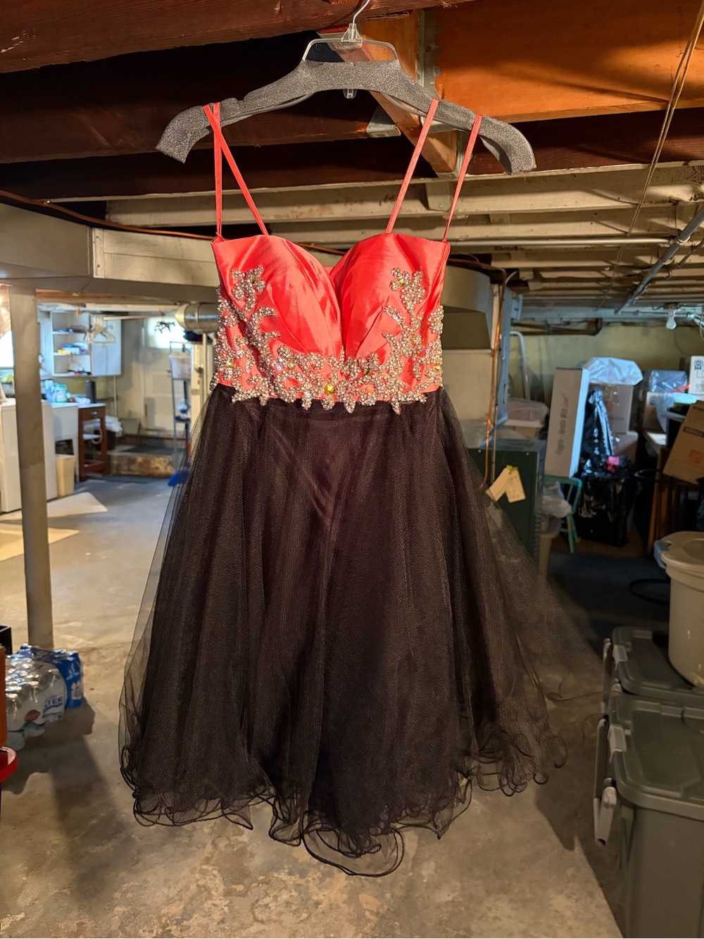 Coral and Black Beaded Tulle Party Dress
